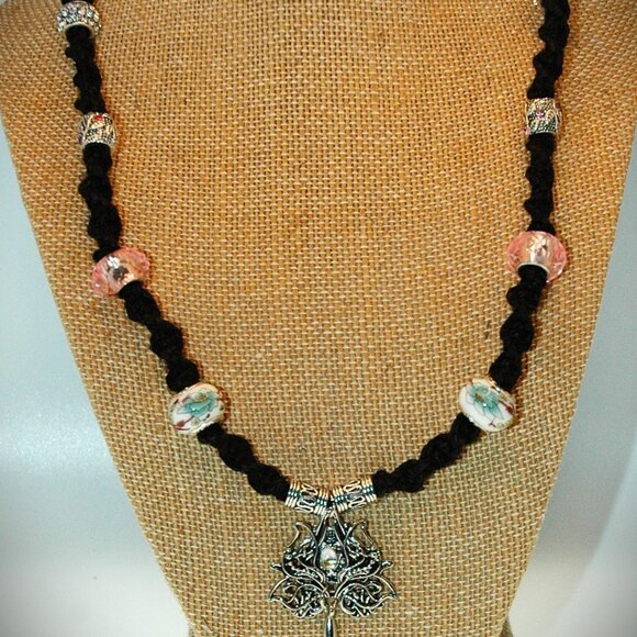 Lotus Flower Blue Flower Accent Beads on a 21 1/2" Handmade black Hemp Necklace - Picture 1 of 7